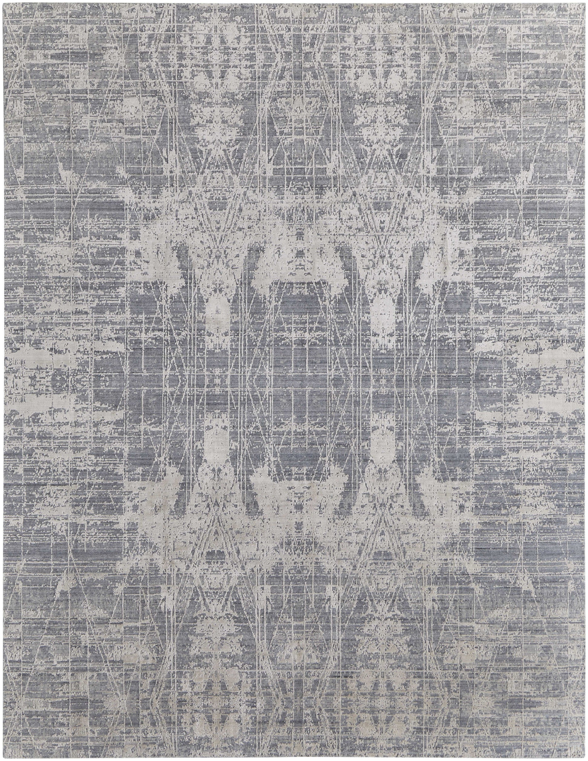 12' X 15' Gray and Silver Abstract Hand Woven Worn Faded Area Rug-1