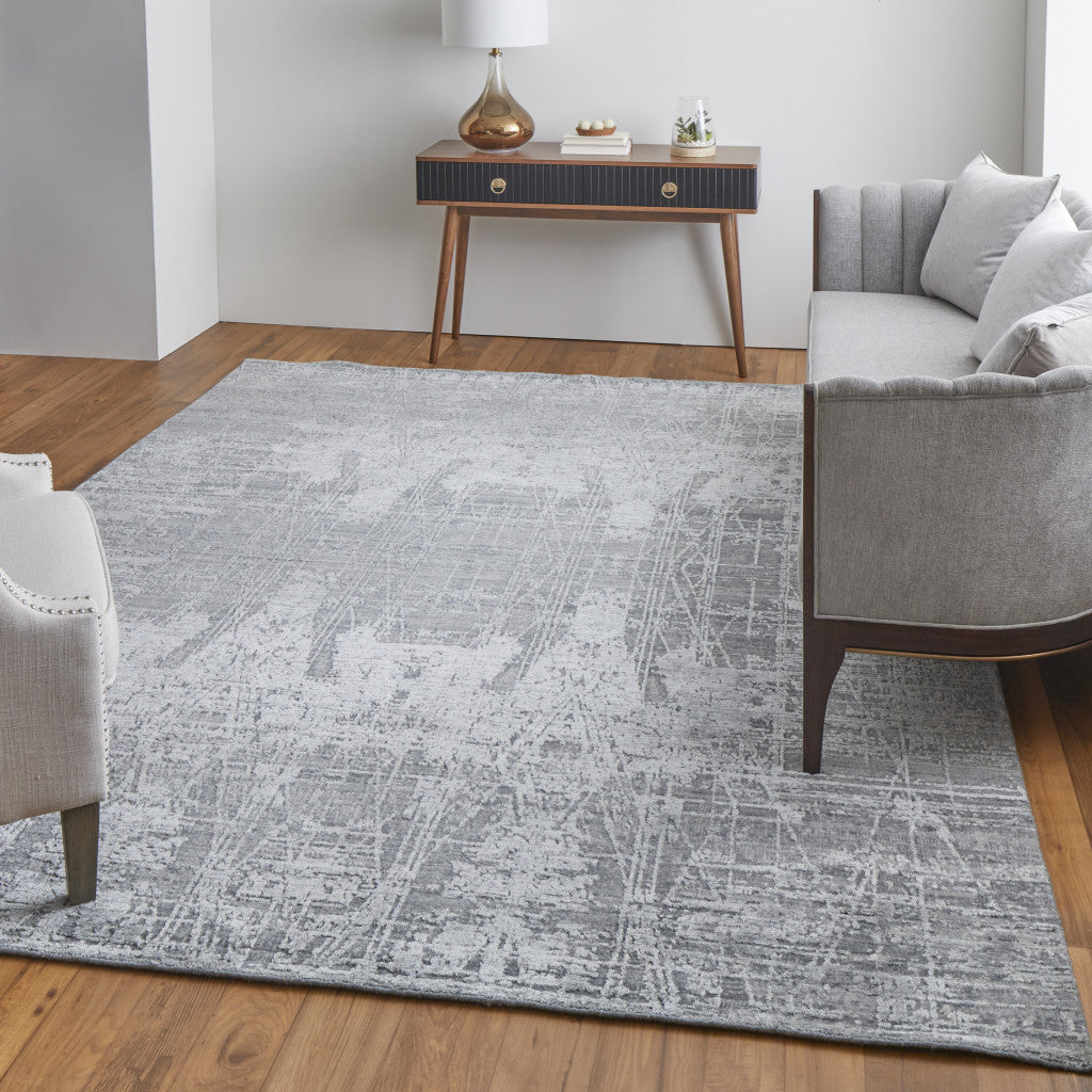 12' X 15' Gray and Silver Abstract Hand Woven Worn Faded Area Rug-7