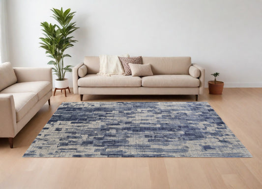 12' X 15' Blue and Ivory Abstract Hand Woven Worn Faded Area Rug-0
