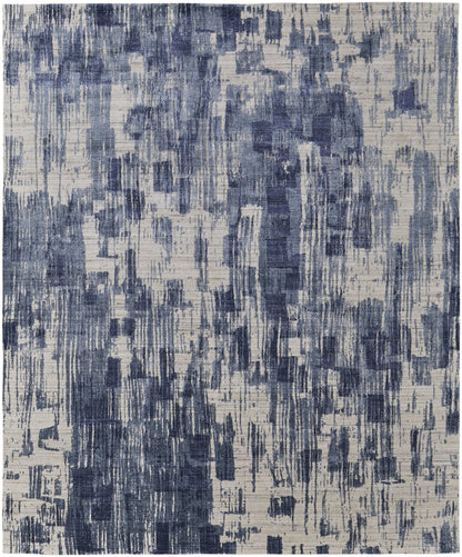 12' X 15' Blue and Ivory Abstract Hand Woven Worn Faded Area Rug-3