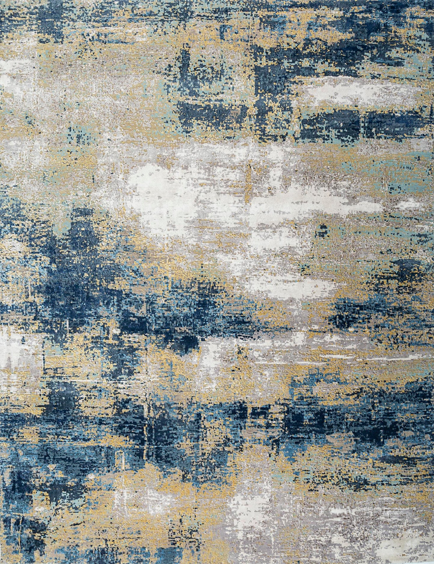 8' X 10' Blue Ivory and Gold Abstract Hand Knotted Area Rug-1