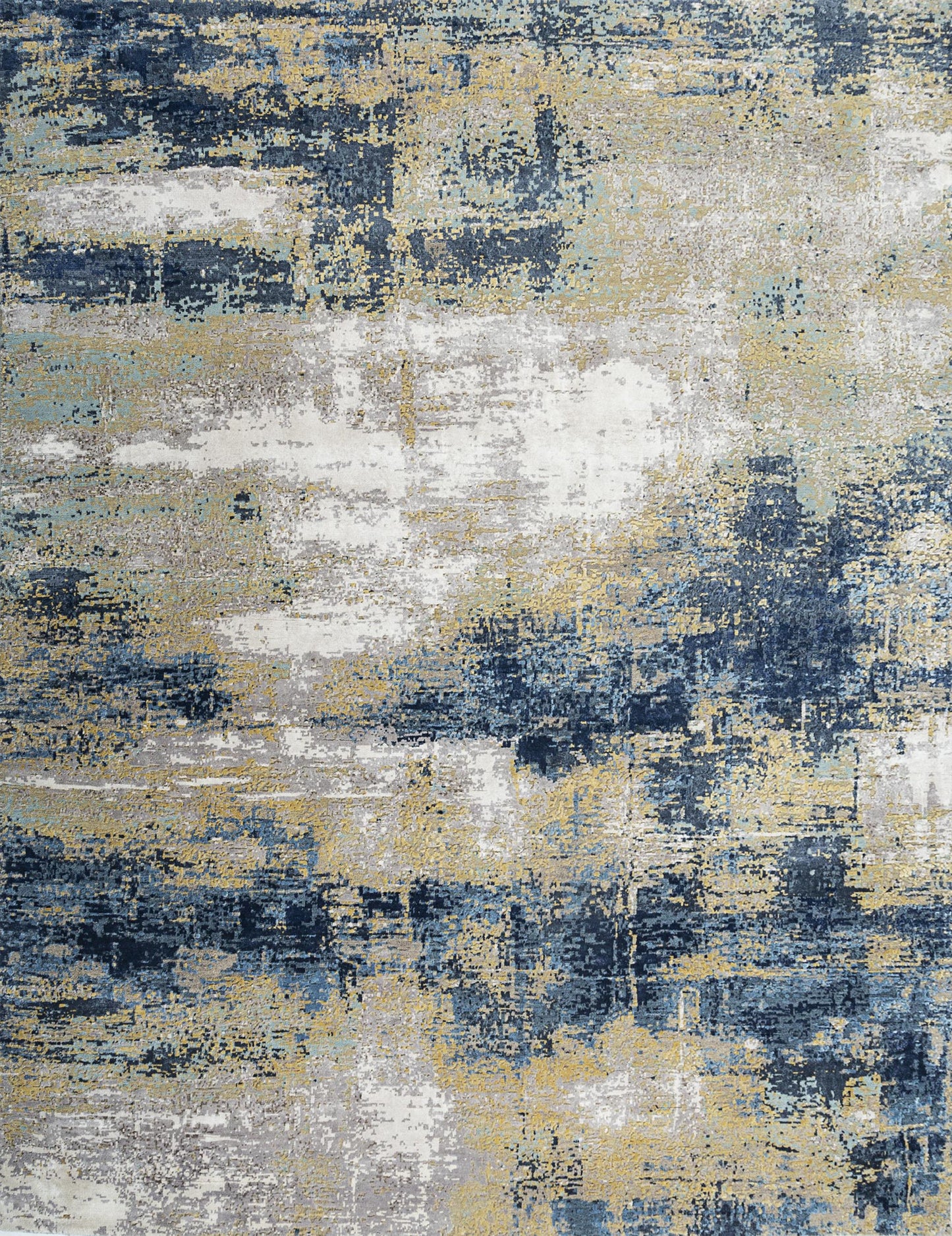 8' X 10' Blue Ivory and Gold Abstract Hand Knotted Area Rug-3