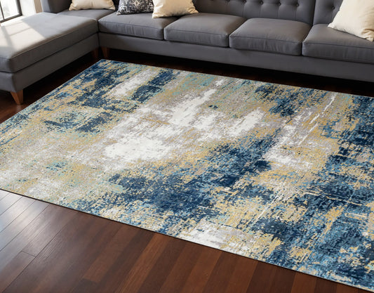 8' X 10' Blue Ivory and Gold Abstract Hand Knotted Area Rug-0