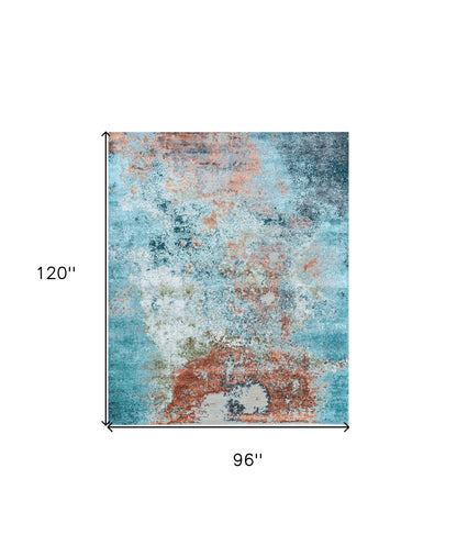 8' X 10' Aqua Blue and Bronze Abstract Hand Knotted Area Rug-4