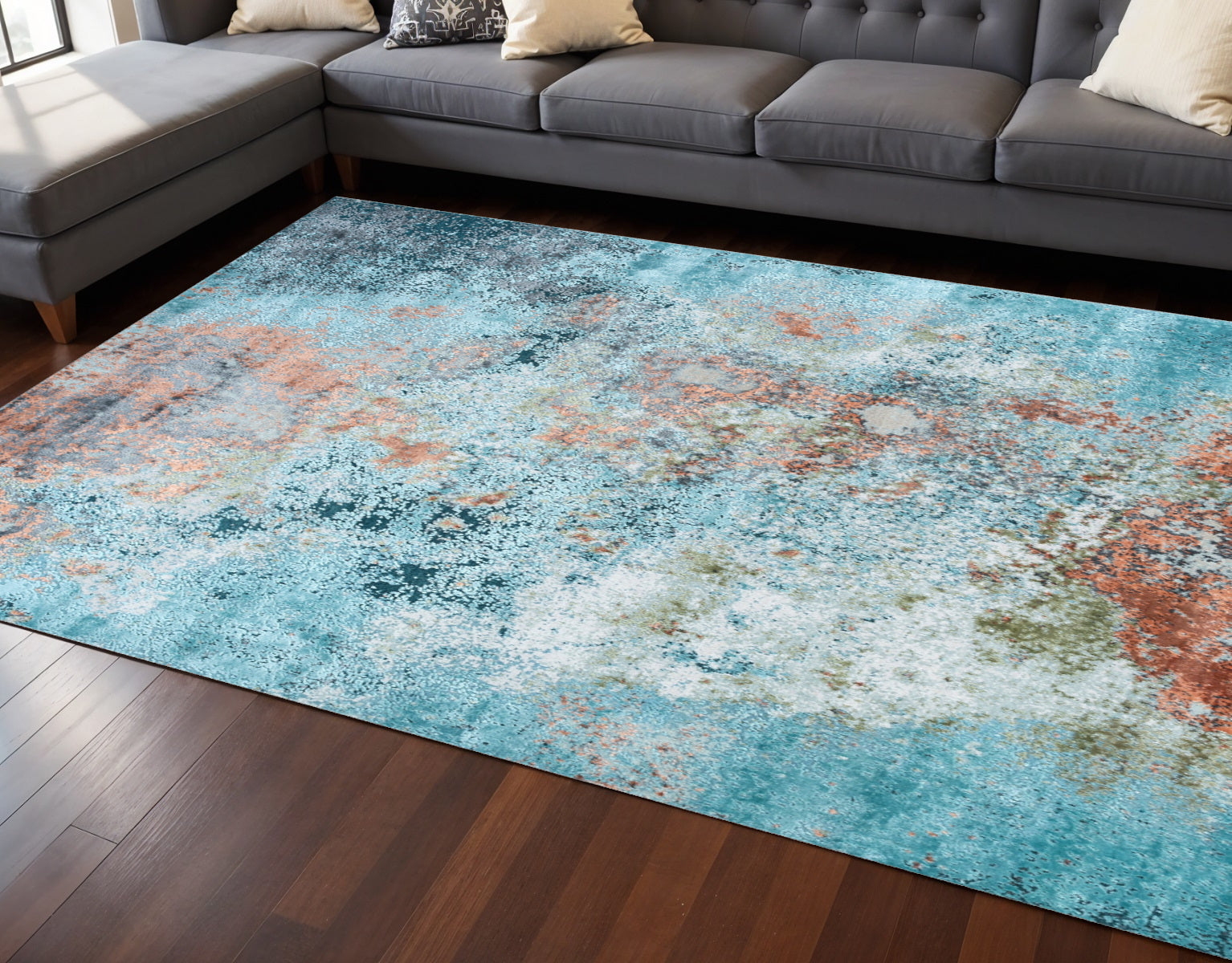 8' X 10' Aqua Blue and Bronze Abstract Hand Knotted Area Rug-0