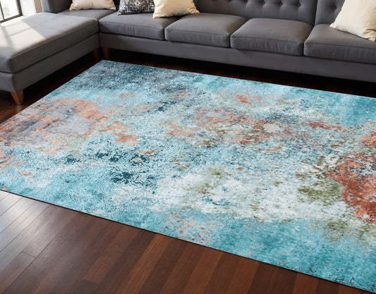 8' X 10' Aqua Blue and Bronze Abstract Hand Knotted Area Rug-0