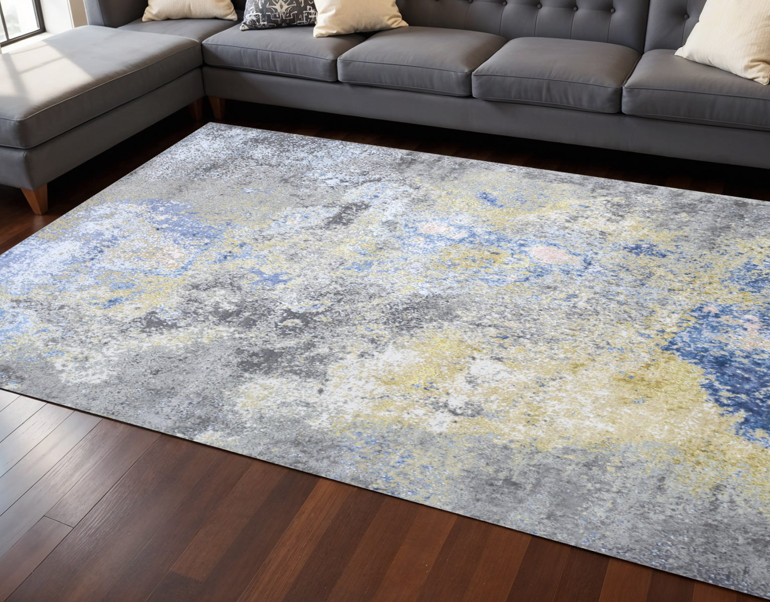 8' X 10' Ivory Blue and Gray Abstract Hand Knotted Area Rug-0