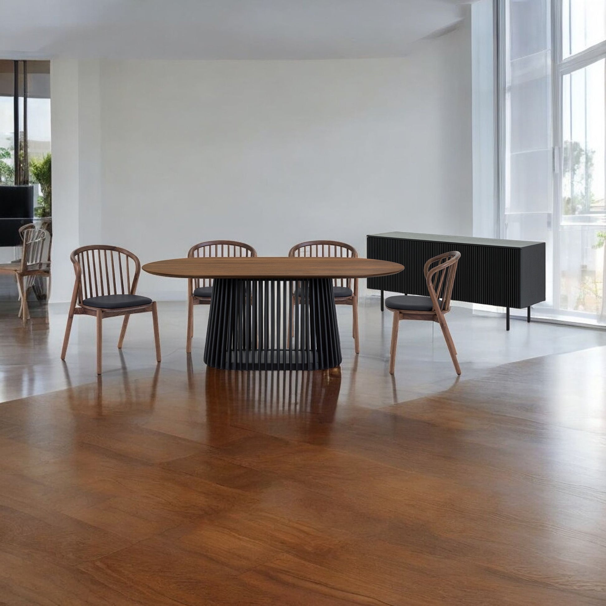 Six Piece Brown and Black Oval Dining Set with Four Chairs and Sideboard-1