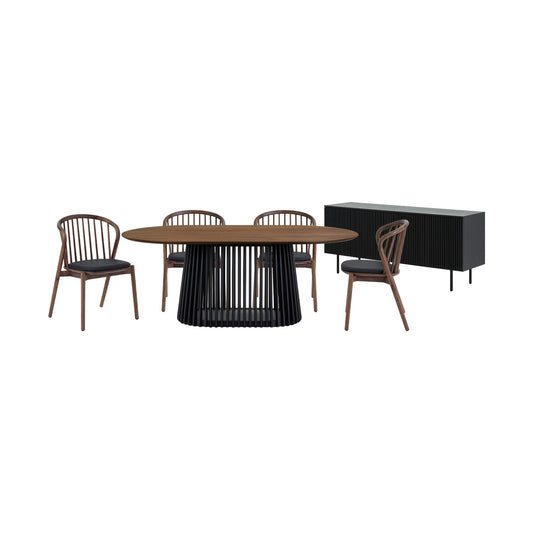 Six Piece Brown and Black Oval Dining Set with Four Chairs and Sideboard-0