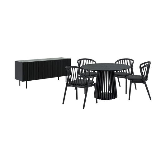 Six Piece Black Round Dining Set with Four Chairs and Sideboard-0