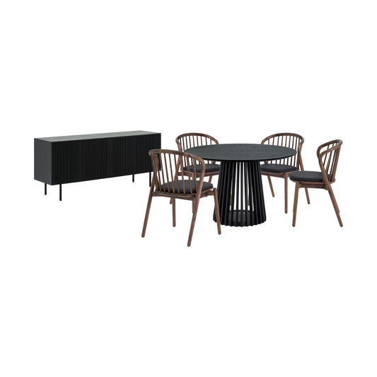 Six Piece Black Round Dining Set with Four Chairs and Sideboard-0