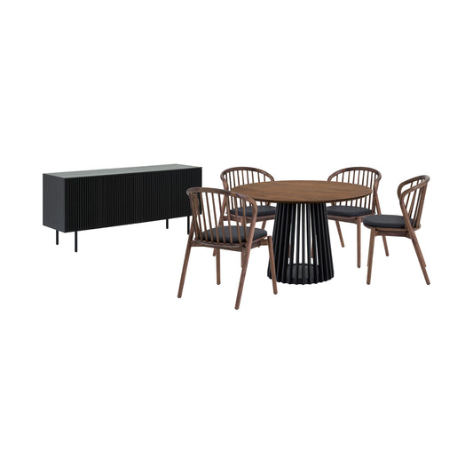 Six Piece Brown and Black Round Dining Set with Four Chairs and Sideboard-0