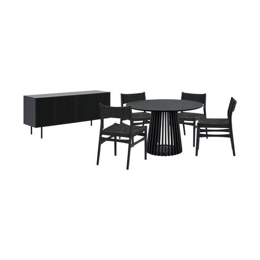 Six Piece Black Round Dining Set with Four Chairs and Sideboard-0