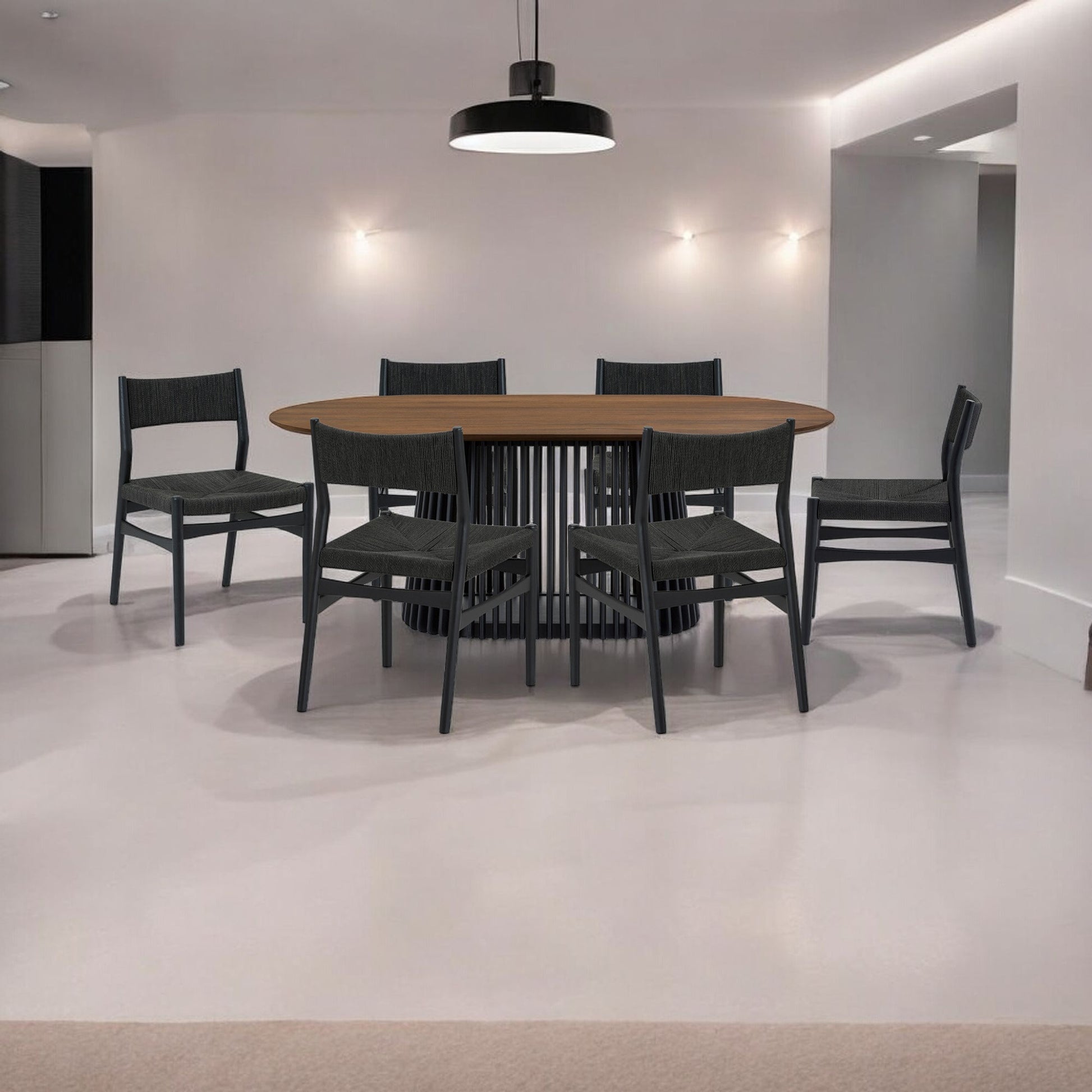 Seven Piece Brown and Black Oval Dining Set with Six Chairs-1