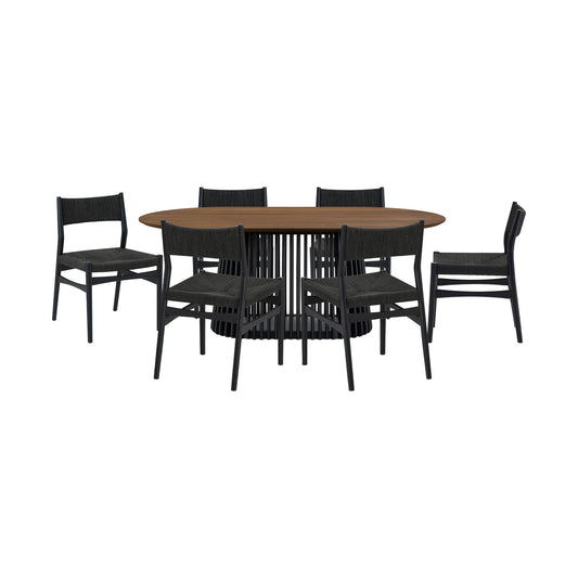Seven Piece Brown and Black Oval Dining Set with Six Chairs-0