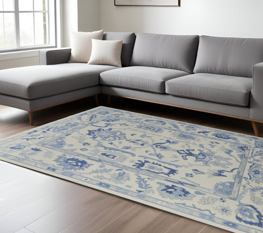 12' X 15' Ivory And Blue Floral Hand Knotted Area Rug With Fringe-0