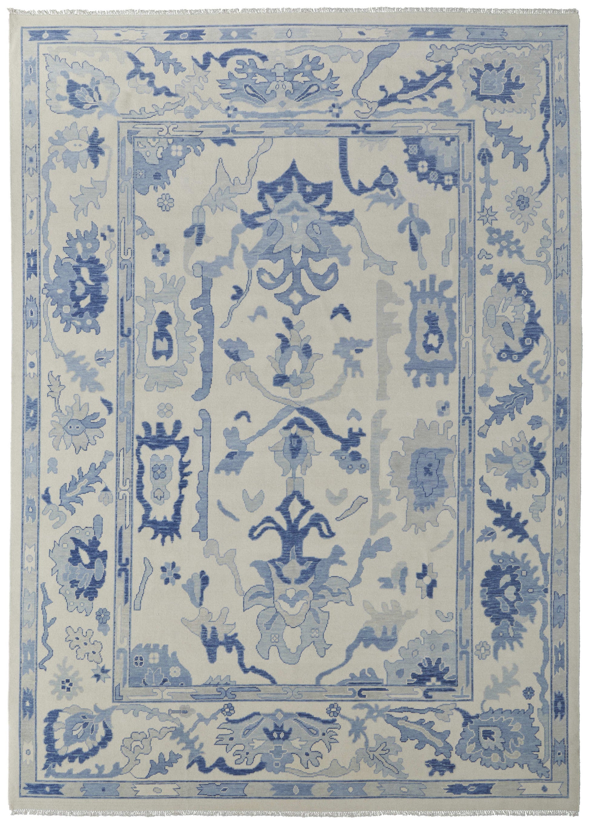 12' X 15' Ivory And Blue Floral Hand Knotted Area Rug With Fringe-1