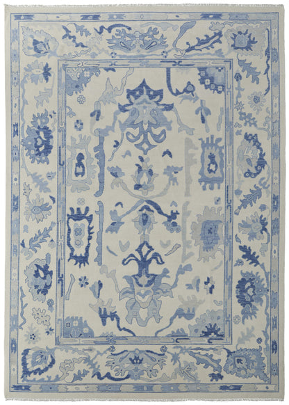 12' X 15' Ivory And Blue Floral Hand Knotted Area Rug With Fringe-1