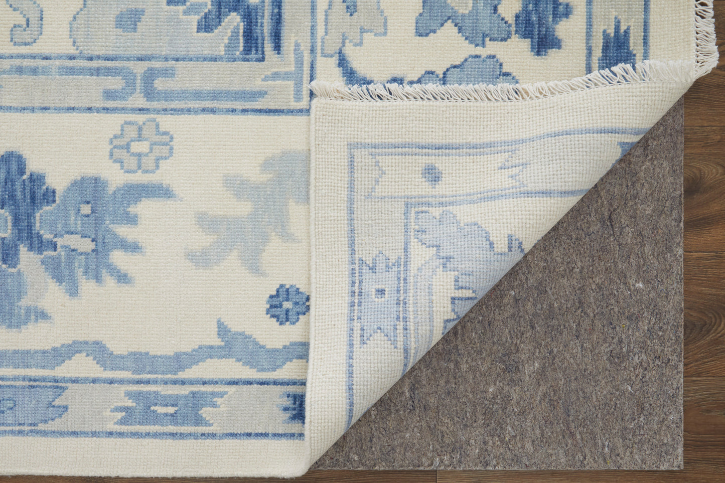 12' X 15' Ivory And Blue Floral Hand Knotted Area Rug With Fringe-6