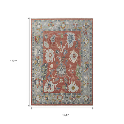 12' X 15' Red Gray And Ivory Floral Hand Knotted Area Rug With Fringe-2
