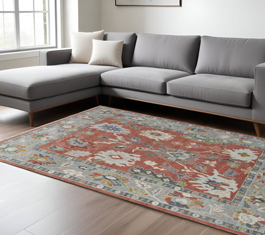 12' X 15' Red Gray And Ivory Floral Hand Knotted Area Rug With Fringe-0