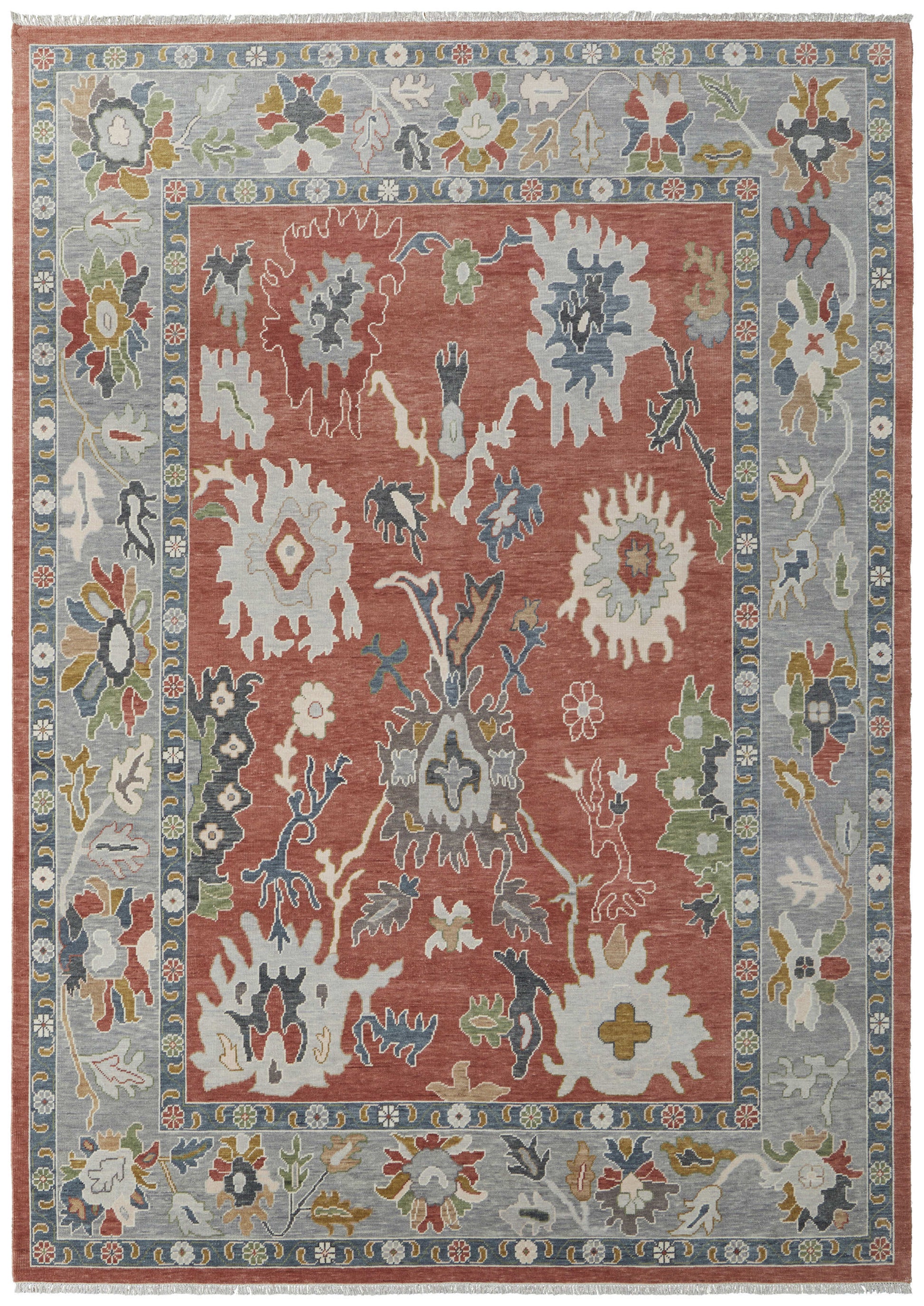 12' X 15' Red Gray And Ivory Floral Hand Knotted Area Rug With Fringe-1