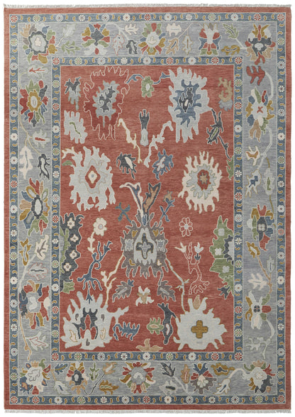 12' X 15' Red Gray And Ivory Floral Hand Knotted Area Rug With Fringe-1