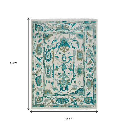 12' X 15' Green And Ivory Floral Hand Knotted Area Rug With Fringe-2