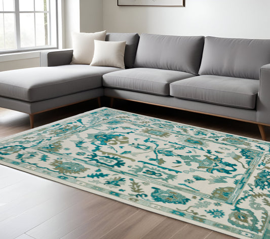 12' X 15' Green And Ivory Floral Hand Knotted Area Rug With Fringe-0
