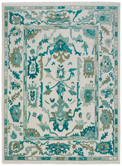 12' X 15' Green And Ivory Floral Hand Knotted Area Rug With Fringe-1