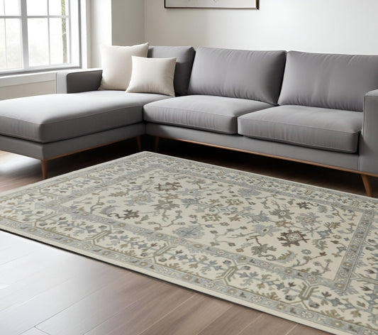 12' X 15' Ivory Gray And Brown Floral Hand Knotted Area Rug With Fringe-0