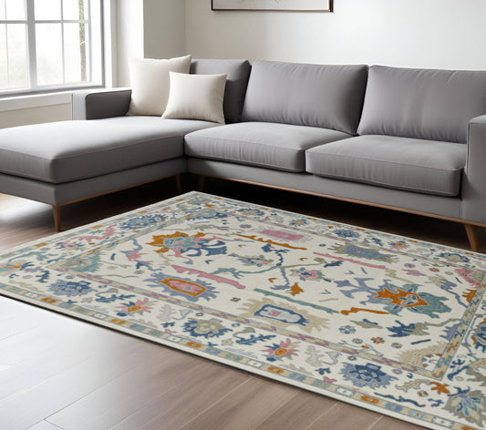 12' X 15' Ivory Blue And Pink Floral Hand Knotted Area Rug With Fringe-0