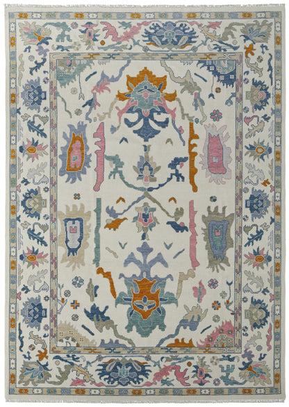 12' X 15' Ivory Blue And Pink Floral Hand Knotted Area Rug With Fringe-1
