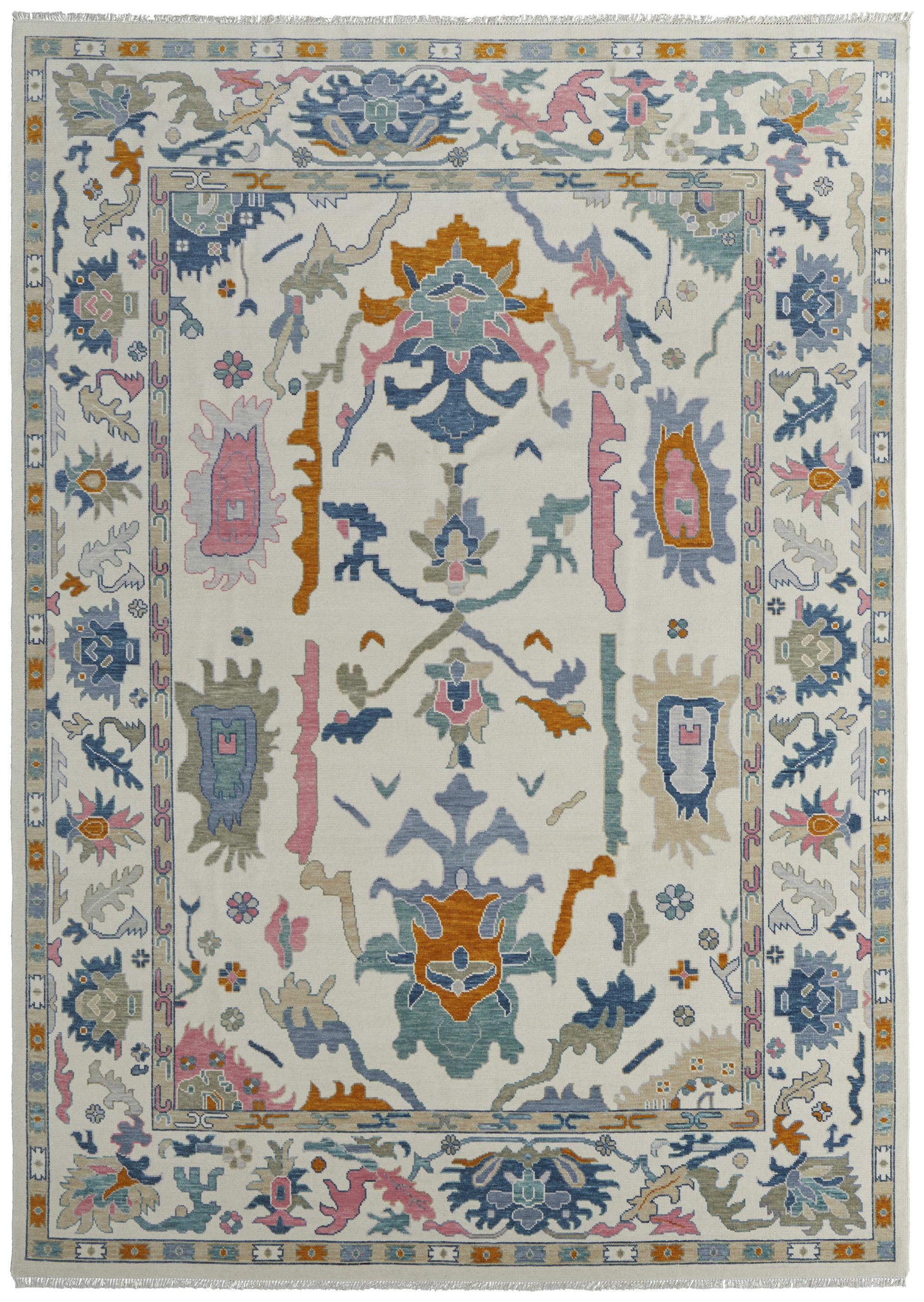 12' X 15' Ivory Blue And Pink Floral Hand Knotted Area Rug With Fringe-8