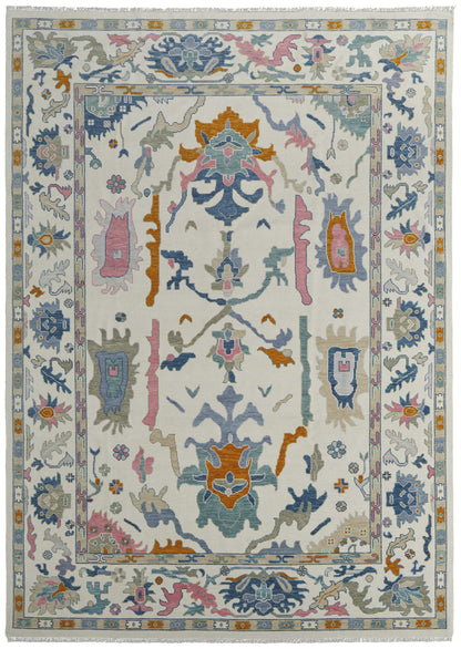 12' X 15' Ivory Blue And Pink Floral Hand Knotted Area Rug With Fringe-8