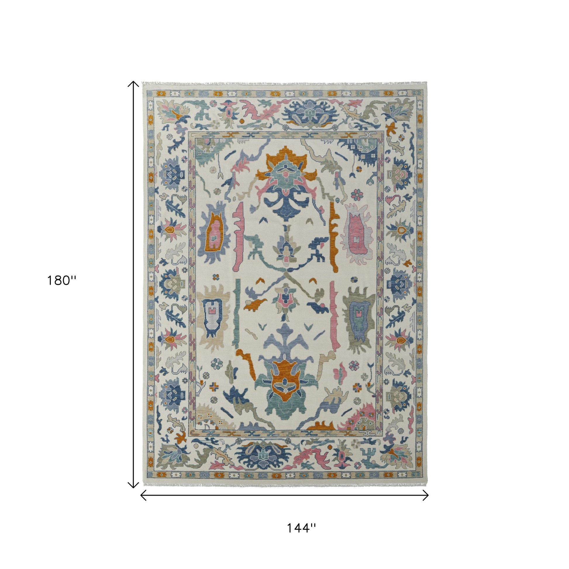 12' X 15' Ivory Blue And Pink Floral Hand Knotted Area Rug With Fringe-2