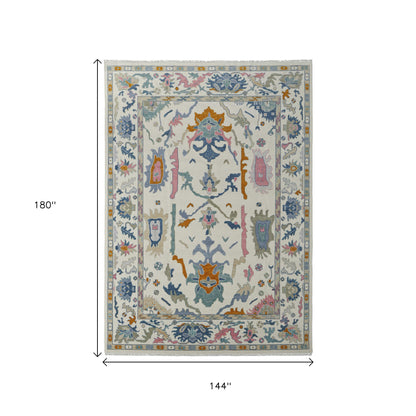 12' X 15' Ivory Blue And Pink Floral Hand Knotted Area Rug With Fringe-2