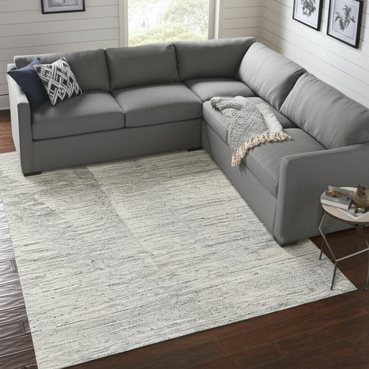 9' X 13' Ivory And Gray Abstract Hand Knotted Distressed Area Rug-0