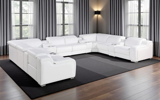 White Italian Leather Power Reclining U Shaped Twelve Piece Corner Sectional With Console-0