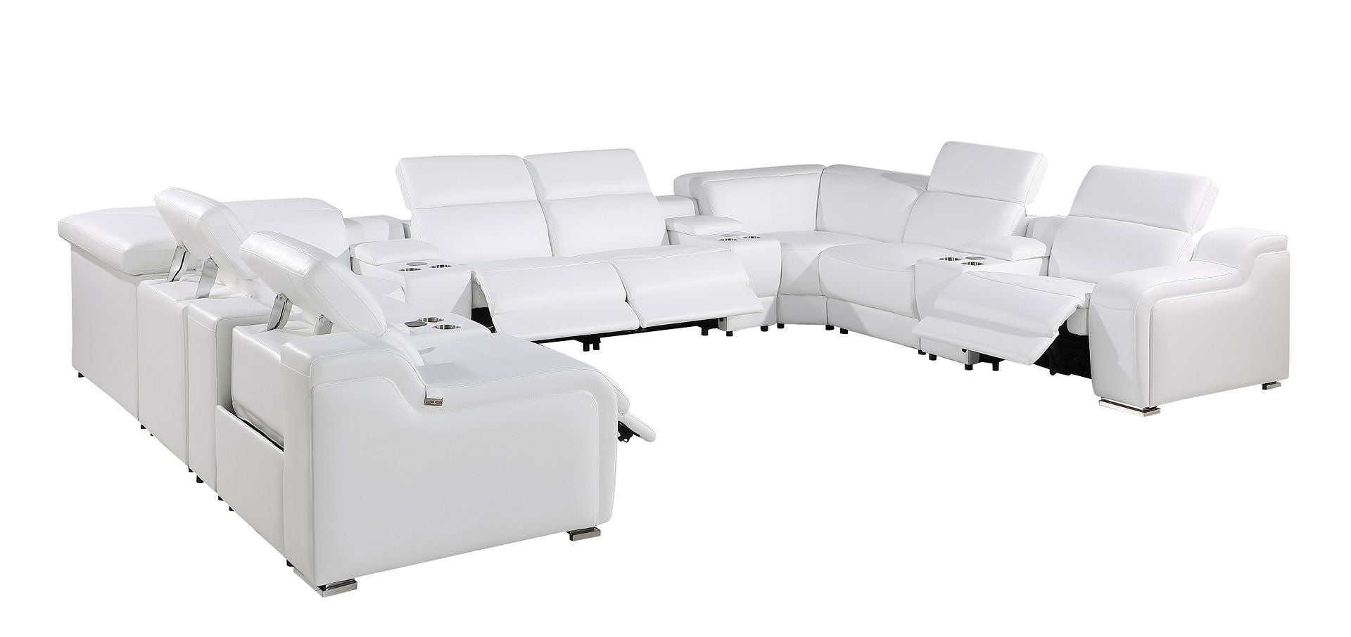 White Italian Leather Power Reclining U Shaped Twelve Piece Corner Sectional With Console-2