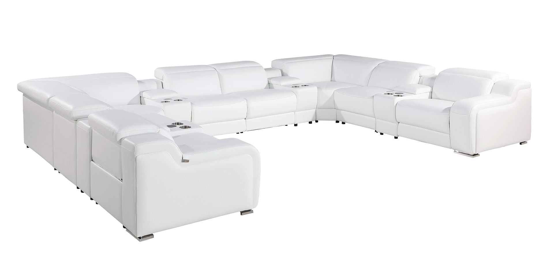 White Italian Leather Power Reclining U Shaped Twelve Piece Corner Sectional With Console-1