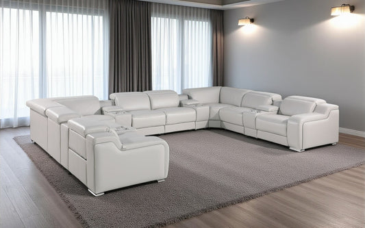 Light Gray Italian Leather Power Reclining U Shaped Twelve Piece Corner Sectional With Console-0