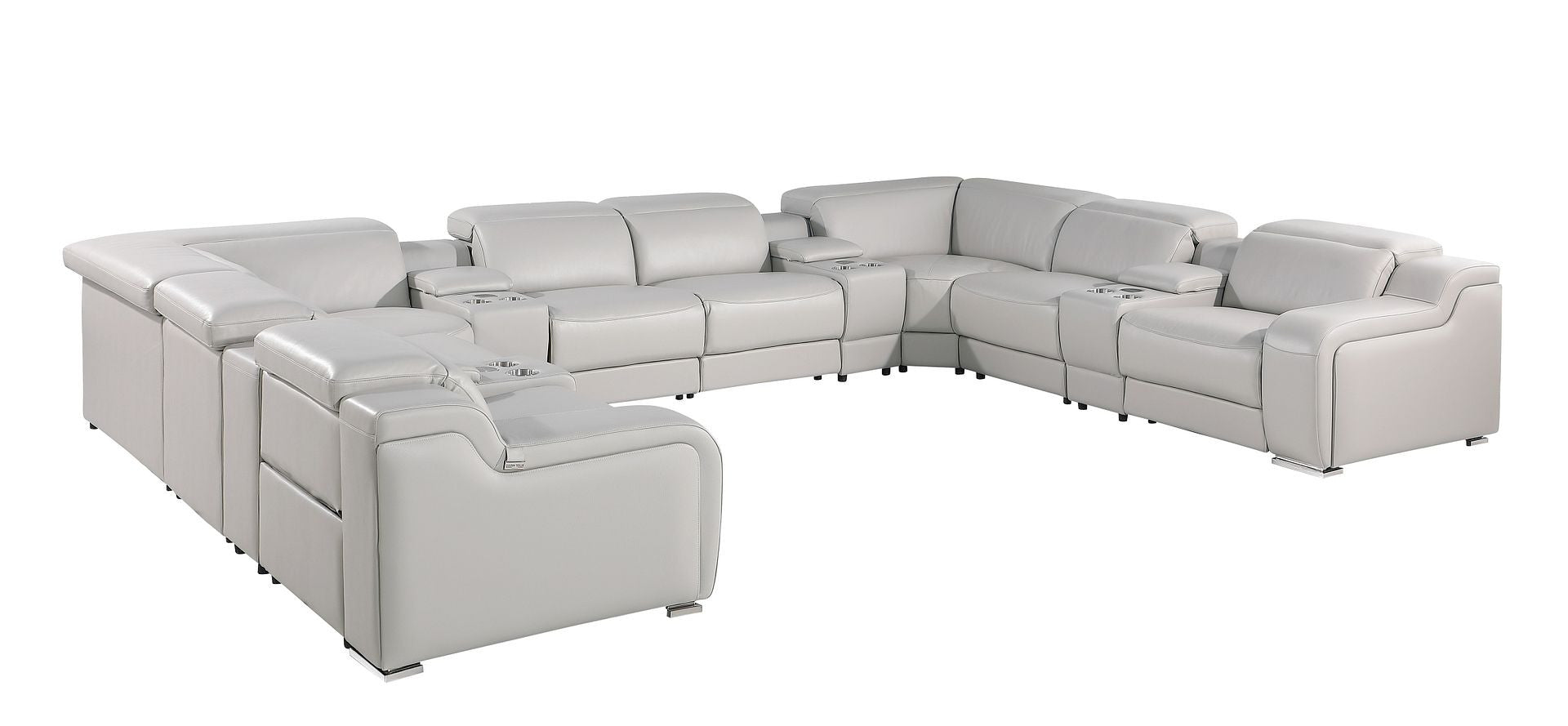 Light Gray Italian Leather Power Reclining U Shaped Twelve Piece Corner Sectional With Console-1