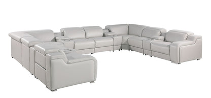 Light Gray Italian Leather Power Reclining U Shaped Twelve Piece Corner Sectional With Console-1