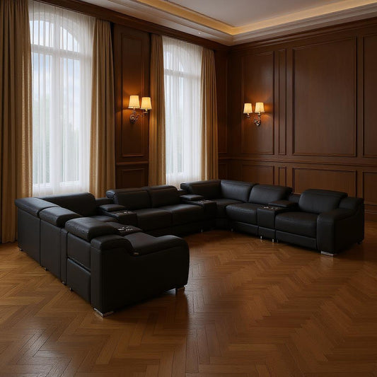 Black Italian Leather Power Reclining U Shaped Twelve Piece Corner Sectional With Console-0