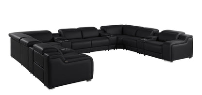 Black Italian Leather Power Reclining U Shaped Twelve Piece Corner Sectional With Console-1