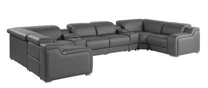 Dark Gray Italian Leather Power Reclining U Shaped Eight Piece Corner Sectional With Console-1