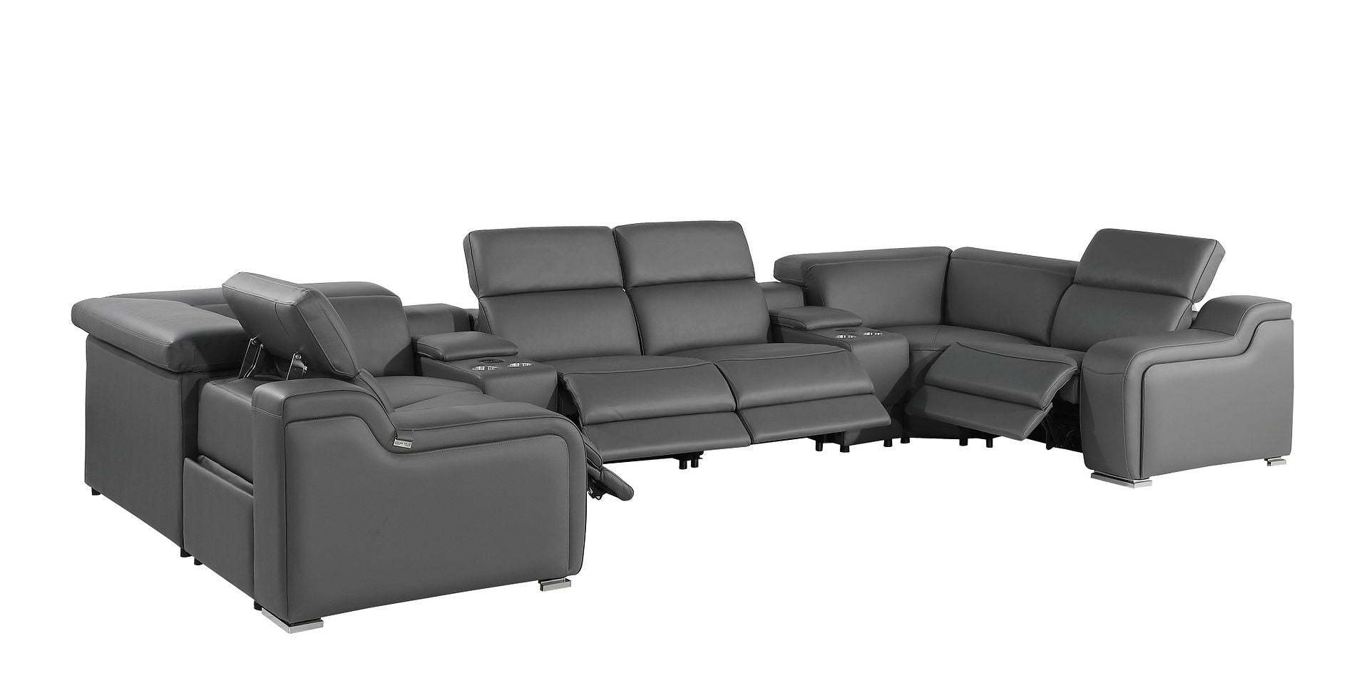 Dark Gray Italian Leather Power Reclining U Shaped Eight Piece Corner Sectional With Console-2