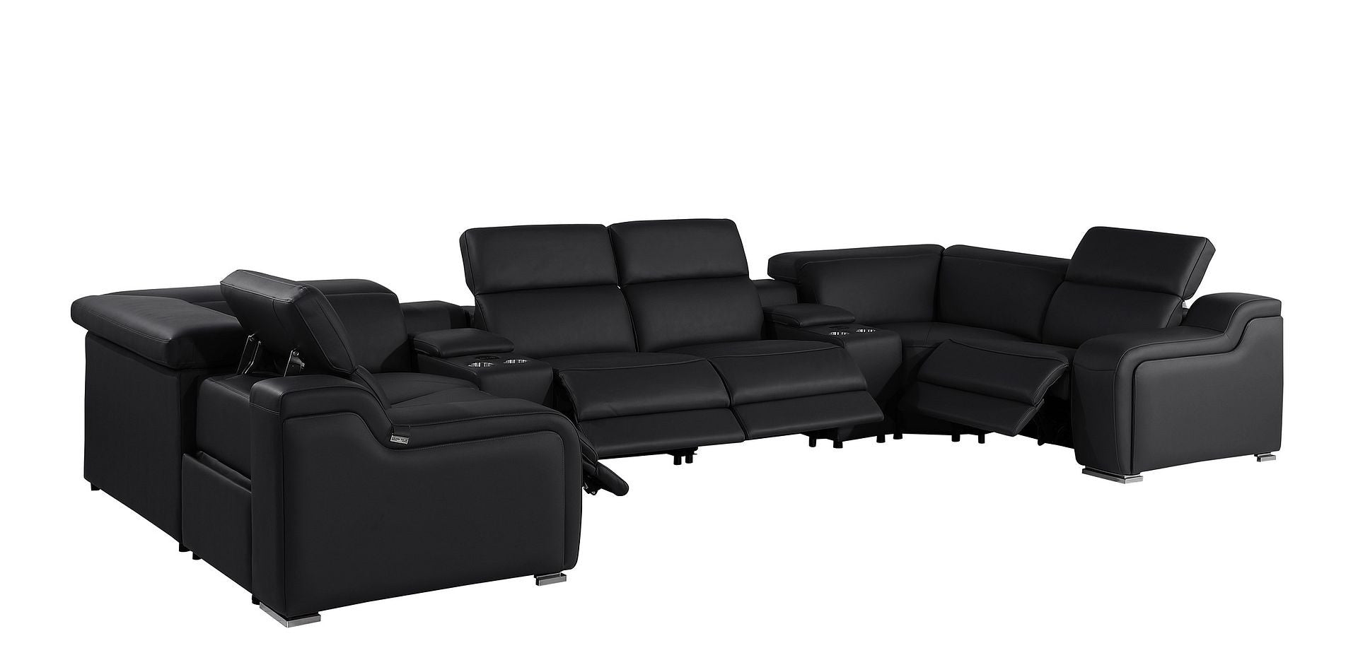 Black Italian Leather Power Reclining U Shaped Eight Piece Corner Sectional With Console-2