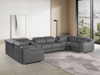 Dark Gray Italian Leather Power Reclining U Shaped Eight Piece Corner Sectional With Console-7